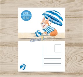 彩绘夏季柯基犬明信片模板矢量